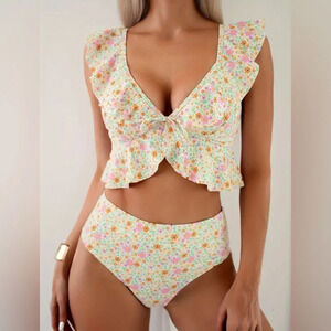 Floral Flutter Bikini Set High Waisted Ruffle Top Spring Swim NWT